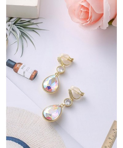 Clip On 18 * 13MM Big Crystal Dangle Non Pierced Earrings for Women Costume Jewelry Apr-Diamond-Rose Gold $9.82 Earrings