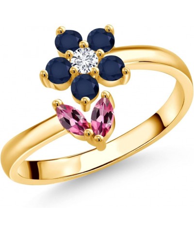 18K Yellow Gold Plated Silver Pink Tourmaline Blue Sapphire and White Lab Grown Diamond Flower Open Ring For Women (0.51 Cttw...