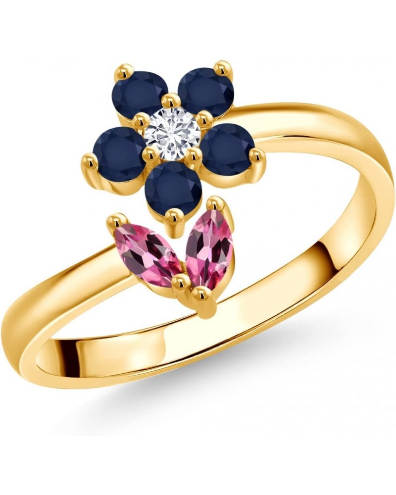 18K Yellow Gold Plated Silver Pink Tourmaline Blue Sapphire and White Lab Grown Diamond Flower Open Ring For Women (0.51 Cttw...