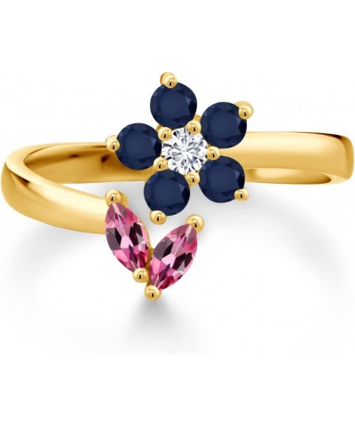 18K Yellow Gold Plated Silver Pink Tourmaline Blue Sapphire and White Lab Grown Diamond Flower Open Ring For Women (0.51 Cttw...