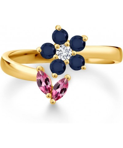 18K Yellow Gold Plated Silver Pink Tourmaline Blue Sapphire and White Lab Grown Diamond Flower Open Ring For Women (0.51 Cttw...