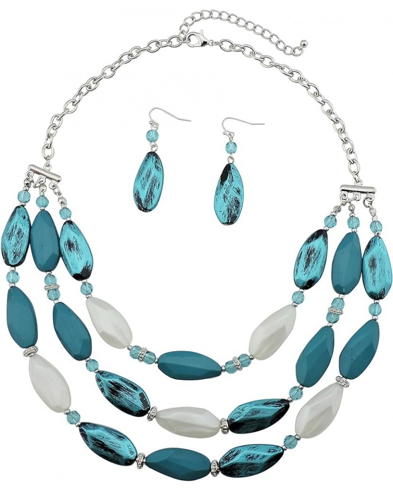 3 Layer Beads Statement Necklace Earring for Women Jewelry Set teal $11.39 Jewelry Sets