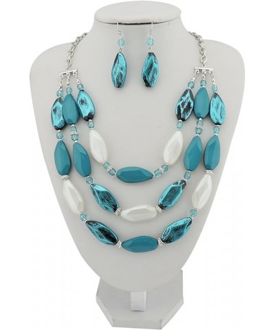 3 Layer Beads Statement Necklace Earring for Women Jewelry Set teal $11.39 Jewelry Sets