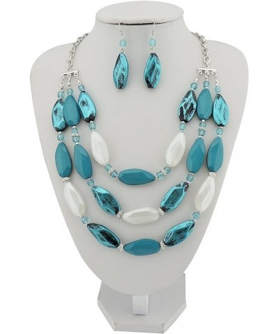 3 Layer Beads Statement Necklace Earring for Women Jewelry Set teal $11.39 Jewelry Sets