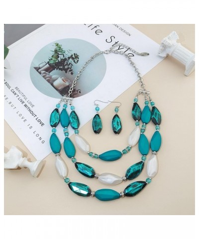 3 Layer Beads Statement Necklace Earring for Women Jewelry Set teal $11.39 Jewelry Sets