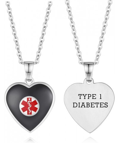 Free Engraving Heart Charm Medical ID Alert Necklaces for Women SILVER / BLACK type 1 diabetes $12.37 Necklaces