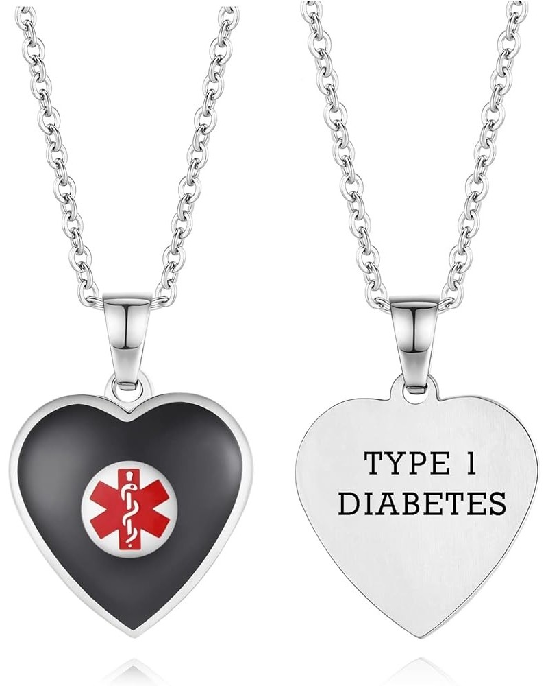 Free Engraving Heart Charm Medical ID Alert Necklaces for Women SILVER / BLACK type 1 diabetes $12.37 Necklaces