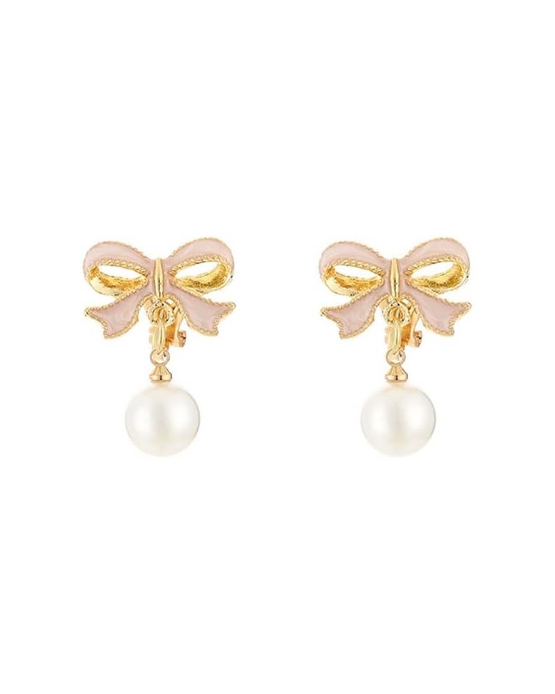 Faux Pearl Pink Bowknot Stud Earrings Valentine's Day Gift Chic White Pearl Pendant Earrings $8.84 Earrings