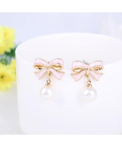 Faux Pearl Pink Bowknot Stud Earrings Valentine's Day Gift Chic White Pearl Pendant Earrings $8.84 Earrings