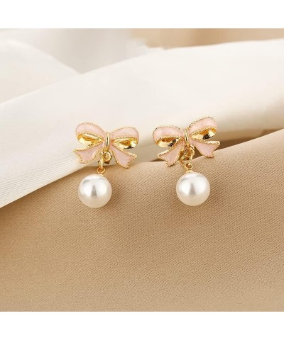 Faux Pearl Pink Bowknot Stud Earrings Valentine's Day Gift Chic White Pearl Pendant Earrings $8.84 Earrings