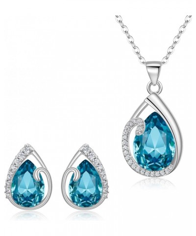 Austrian Crystal Cubic Zirconia Jewelry Sets for Women, Silver-Tone Blue Teardrop Pendant Necklace Stud Earrings Valentine's ...