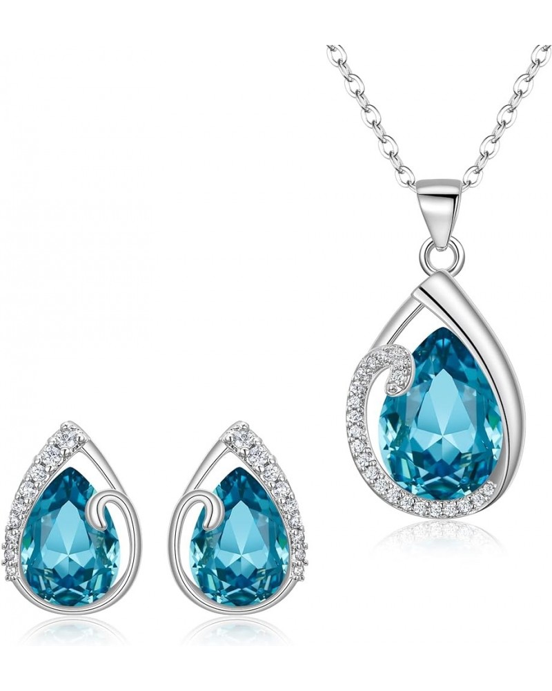 Austrian Crystal Cubic Zirconia Jewelry Sets for Women, Silver-Tone Blue Teardrop Pendant Necklace Stud Earrings Valentine's ...