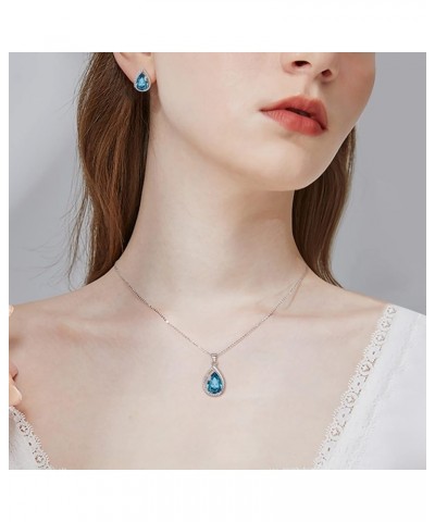 Austrian Crystal Cubic Zirconia Jewelry Sets for Women, Silver-Tone Blue Teardrop Pendant Necklace Stud Earrings Valentine's ...