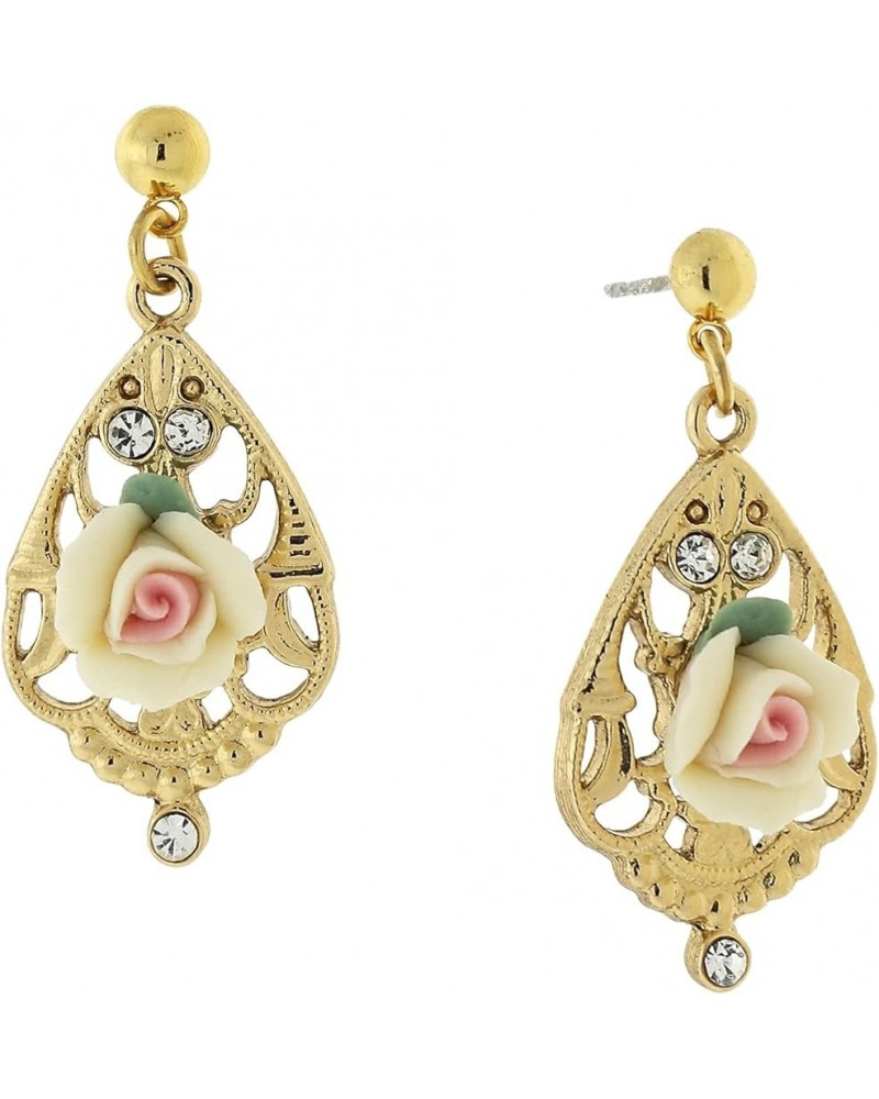 1928 Jewelry "Porcelain Rose" Teardrop Filigree Crystal Accent Rose Teardrop Earrings Ivory $17.51 Earrings