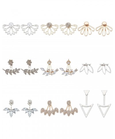 9 Pairs Hollow Lotus Flower Earrings Set Fashion Leaf Pearl Ear Jacket Earrings Multiple Ways Front Back Earrings Crystal Sim...