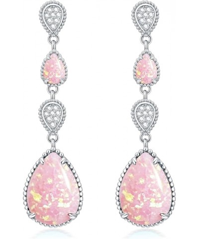 White Opal Drop Earrings for Women 925 Sterling Silver Dangle Teardrop Moissanite Earring Jewelry Birthday Present Pink Opal-...