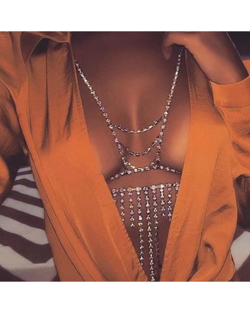 Bling Rhinestones Tassel Body Chains Women Layered Fringe Bra Chains Statement Crystal Body Jewelry Sexy Belly Chains for Bik...