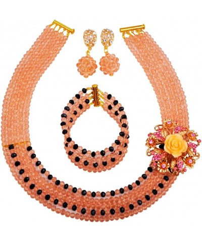 5 Rows Nigerian Beaded Jewelry Set Women African Wedding Beads Crystal Necklace and Earrings Peach and Black $18.19 Jewelry Sets