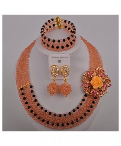 5 Rows Nigerian Beaded Jewelry Set Women African Wedding Beads Crystal Necklace and Earrings Peach and Black $18.19 Jewelry Sets