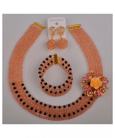 5 Rows Nigerian Beaded Jewelry Set Women African Wedding Beads Crystal Necklace and Earrings Peach and Black $18.19 Jewelry Sets