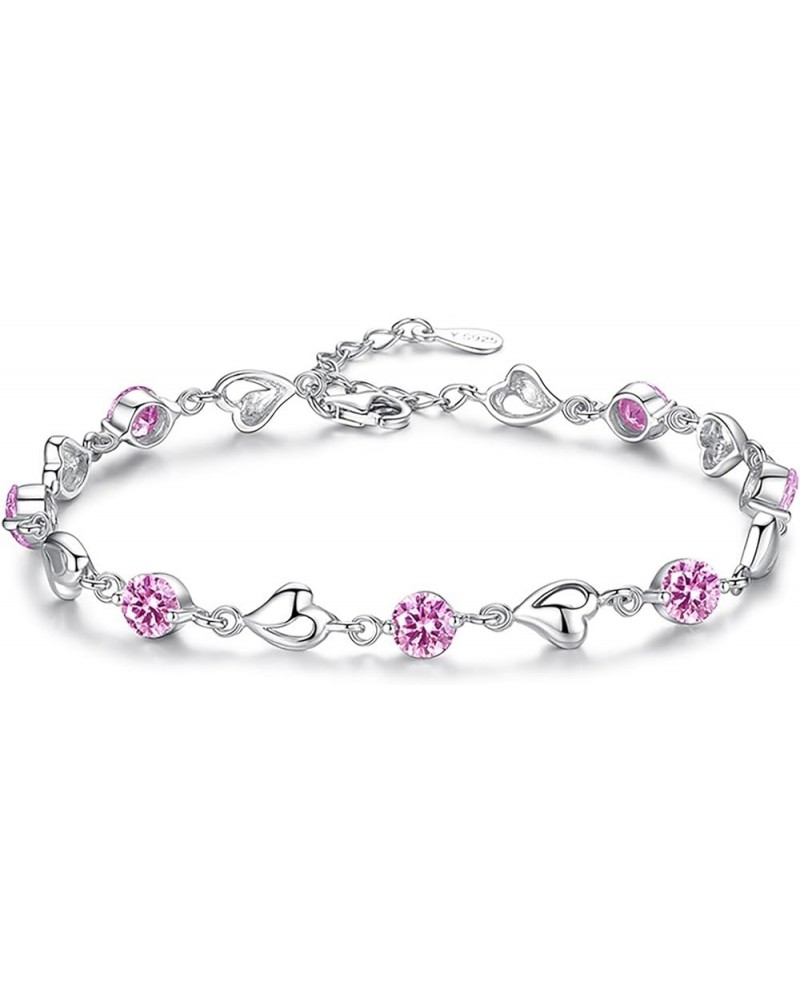 Silver Bracelet for Women, 925 Sterling Silver Heart Bracelet Cubic Zirconia Adjustable Bracelets Pink $12.53 Bracelets