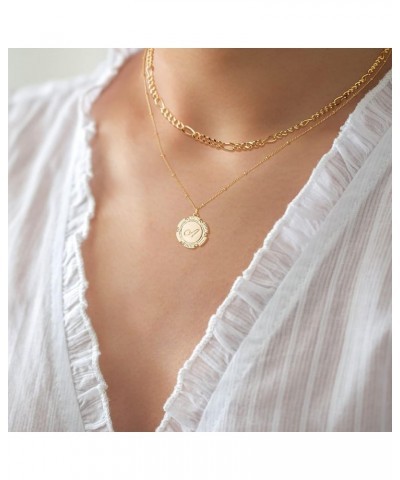 Women Layered Initial Necklaces,14K Gold Plated Adjustable Figaro Chain Dainty Necklace Personalized Engraved Letter Pendant ...