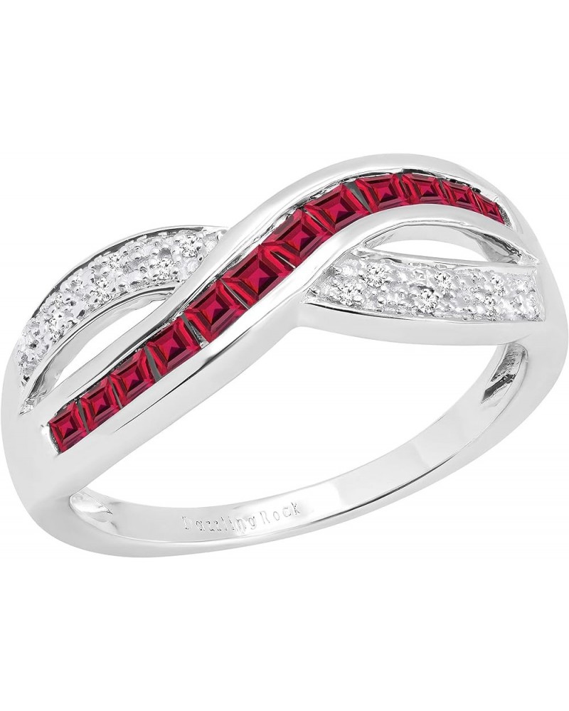 Princess Gemstone & Round White Diamond Ladies Wedding Band Anniversary Ring, 14K White Gold Ruby $175.38 Rings