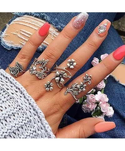 Hollow Carved Flowers Rings for Women,4Pcs Above Knuckle Blue Rings Set for Women Knuckle Rings Set for Women, Bohemian Vinta...