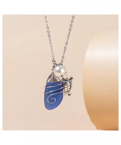 Blue Teardrop Sea Turtle Pendant Necklace for Women.Hawaii Blue Glass Necklace Artificial Pearl Pendant Necklaces Fashion Jew...