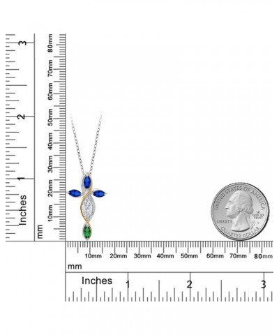 925 Silver and 10K Yellow Gold Lab Grown Diamond Marquise Moissanite Green Nano Emerald and Created Sapphire Cross Pendant Ne...