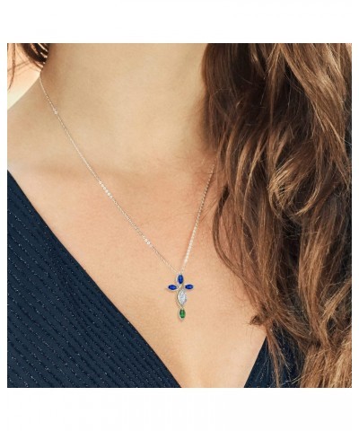 925 Silver and 10K Yellow Gold Lab Grown Diamond Marquise Moissanite Green Nano Emerald and Created Sapphire Cross Pendant Ne...