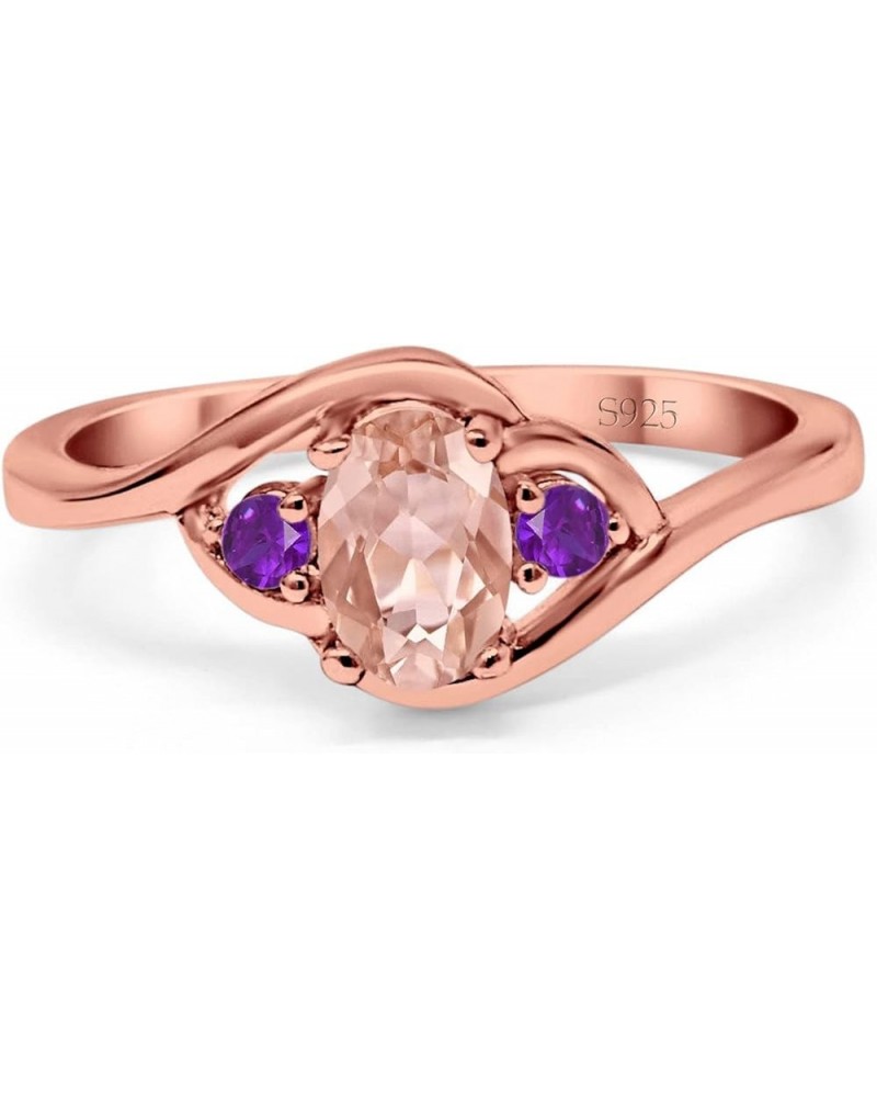 Three Stone Engagement Ring Oval Cut Round Simulated Amethyst Cubic Zirconia 925 Sterling Silver Rose Tone, Simulated Morgani...