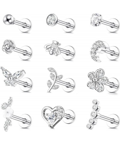 12Pcs 16G Tragus Earrings for Women Cartilage Earring Flat Back Stainless Steel Top Screw CZ Butterfly Bee Flower Moon Heart ...