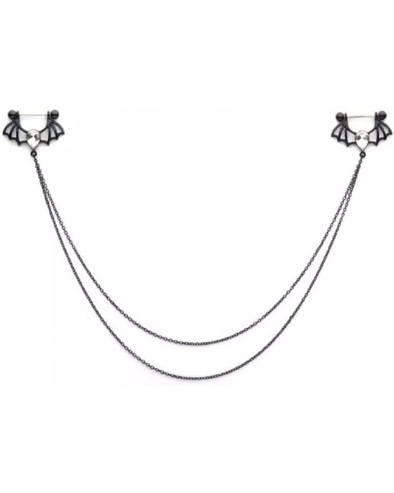 14GA Black 316L Stainless Steel Double Chain Connecting CZ Crystal Bat Nipple Piercing Barbells $9.10 Body Jewelry