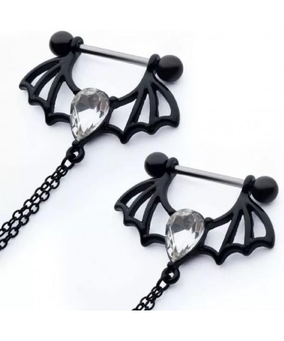 14GA Black 316L Stainless Steel Double Chain Connecting CZ Crystal Bat Nipple Piercing Barbells $9.10 Body Jewelry