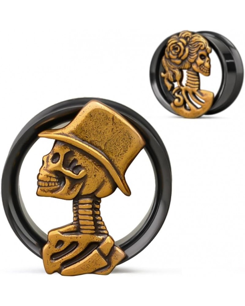 Double Flared Eyelet Ear Tunnels, Skull Man and Lady Matched Gauges for Ears, Screw Back Plugs Stretchers. S8608H 3/4"(19mm) ...