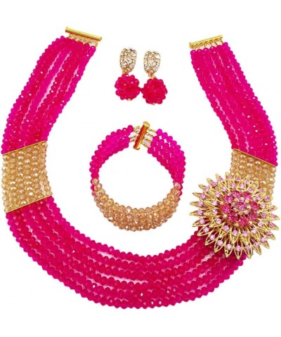 Nigerian Wedding African Beads Jewelry Set Crystal Beaded Necklace Earrings Hot Pink Gold AB $16.80 Jewelry Sets