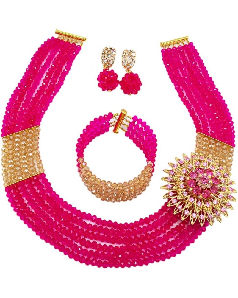 Nigerian Wedding African Beads Jewelry Set Crystal Beaded Necklace Earrings Hot Pink Gold AB $16.80 Jewelry Sets