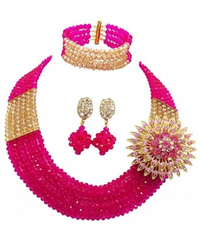 Nigerian Wedding African Beads Jewelry Set Crystal Beaded Necklace Earrings Hot Pink Gold AB $16.80 Jewelry Sets