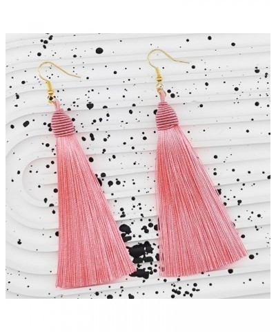 Bohemian Long Tassel Chandelier Dangle Earrings for Women, Boho Big Large Thread Woven Handmade Fringe Drop Earrings Pink A Z...