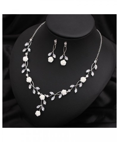 Luxury Cubic Zirconia White Flower Necklace Dangle Earrings Bracelet Prom Bride Wedding Jewelry Sets for Women Style2-Silver ...