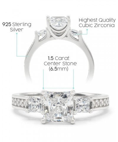 Solid 925 Sterling Silver CZ Cubic Zirconia 3 Three Stone Engagement Ring - Princess Cut Solitaire with Round Side Stones (1....