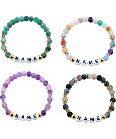 Customized Letter Name Bracelet - Natural Stone Matte Agate Beads and CZ Stretch Frosted Bracelets BFF Sisters Gifts 4Colors/...