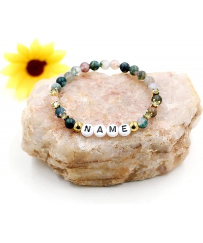 Customized Letter Name Bracelet - Natural Stone Matte Agate Beads and CZ Stretch Frosted Bracelets BFF Sisters Gifts 4Colors/...