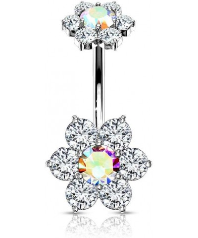 Surgical Steel Belly Button Ring with CZ Flower Design & Internally Threaded Matching Top Clear/Aurora Borealis $10.82 Body J...