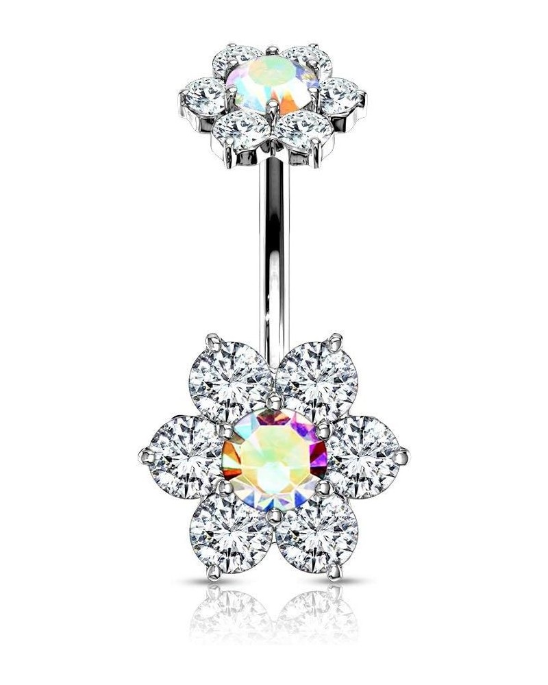 Surgical Steel Belly Button Ring with CZ Flower Design & Internally Threaded Matching Top Clear/Aurora Borealis $10.82 Body J...