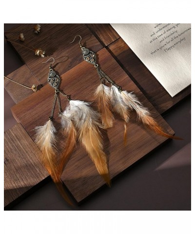 Women Feather Earrings Vintage Bohemian Earrings Handmade Natural Tassel Long Drop Dangle Feather Earrings With Dream Catcher...