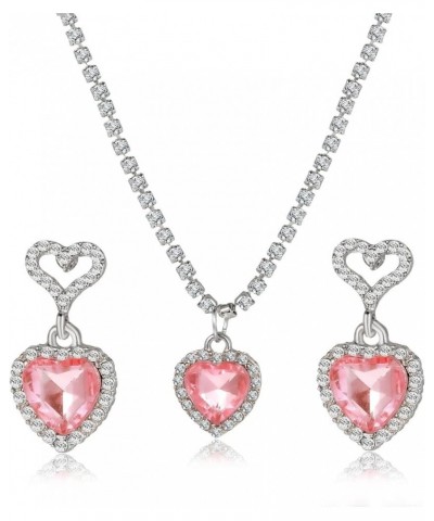 Love Heart Jewelry Set Pink Crystal Necklace Earrings Set for Women Cute Y2K Love Earrings Necklace Set Valentine's Day Silve...