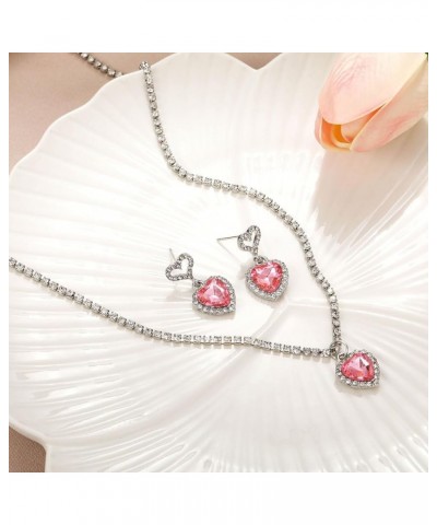 Love Heart Jewelry Set Pink Crystal Necklace Earrings Set for Women Cute Y2K Love Earrings Necklace Set Valentine's Day Silve...