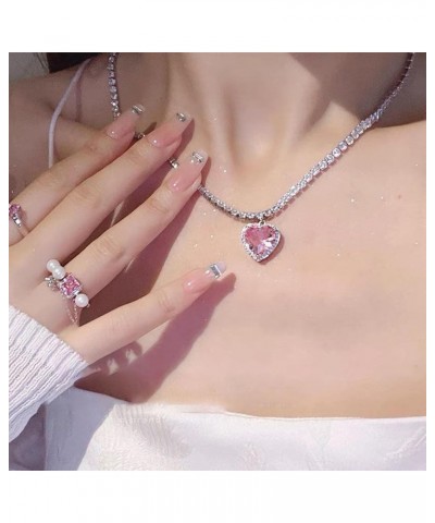 Love Heart Jewelry Set Pink Crystal Necklace Earrings Set for Women Cute Y2K Love Earrings Necklace Set Valentine's Day Silve...